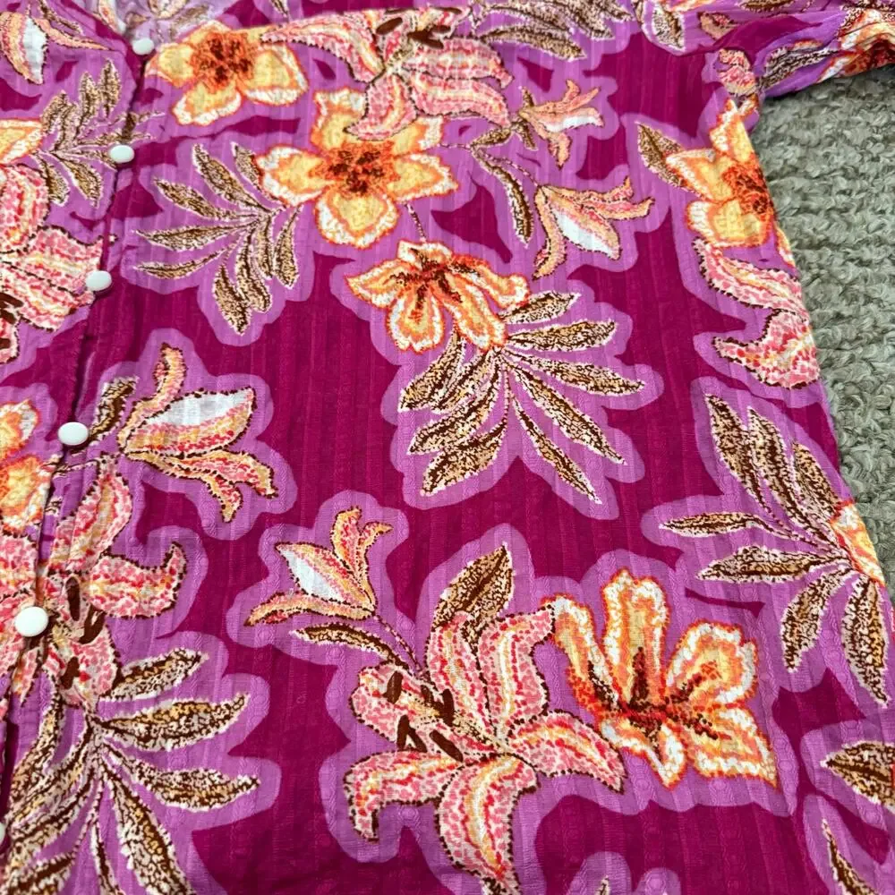 Textured Stripe Floral Puff Sleeve Button Down V-Neck Loft 100% Cotton Blouse